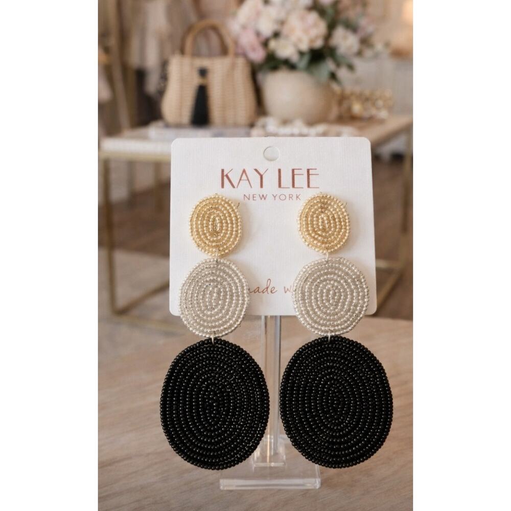 Kay Lee Oval Black Gold Silver Beaded Earrings New - Picture 2 of 2